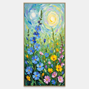 Blue, yellow and pink flowers rise beneath turquoise swirls and bright circular accents.