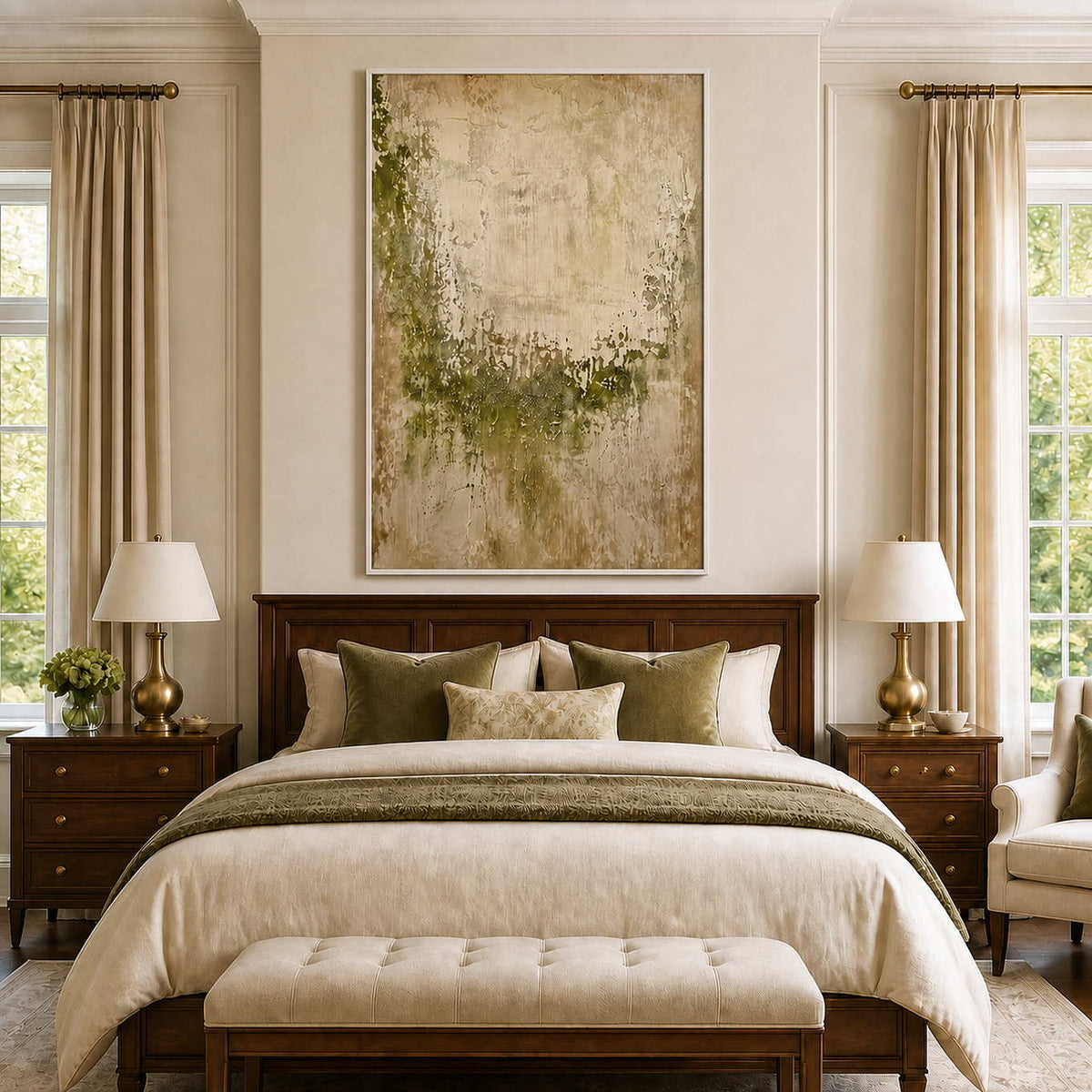 White framed weathered green abstract artwork above a bed with olive cushions.