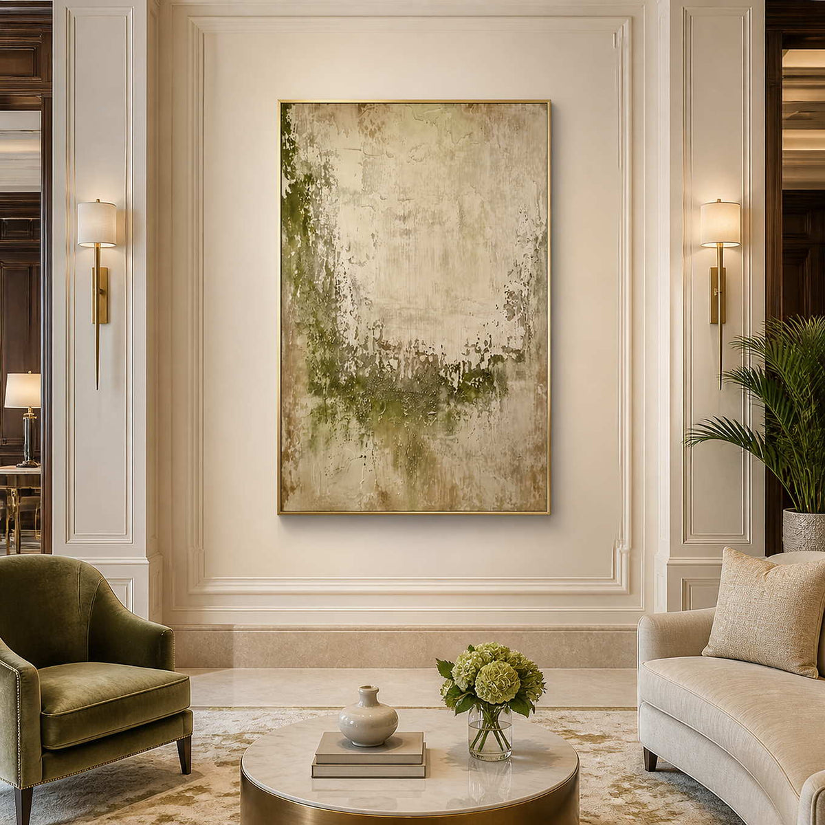 Gold framed green and beige abstract artwork above seating in a refined hotel lounge.