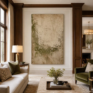 Frameless green and beige textured artwork between wood panels in a calm living room.