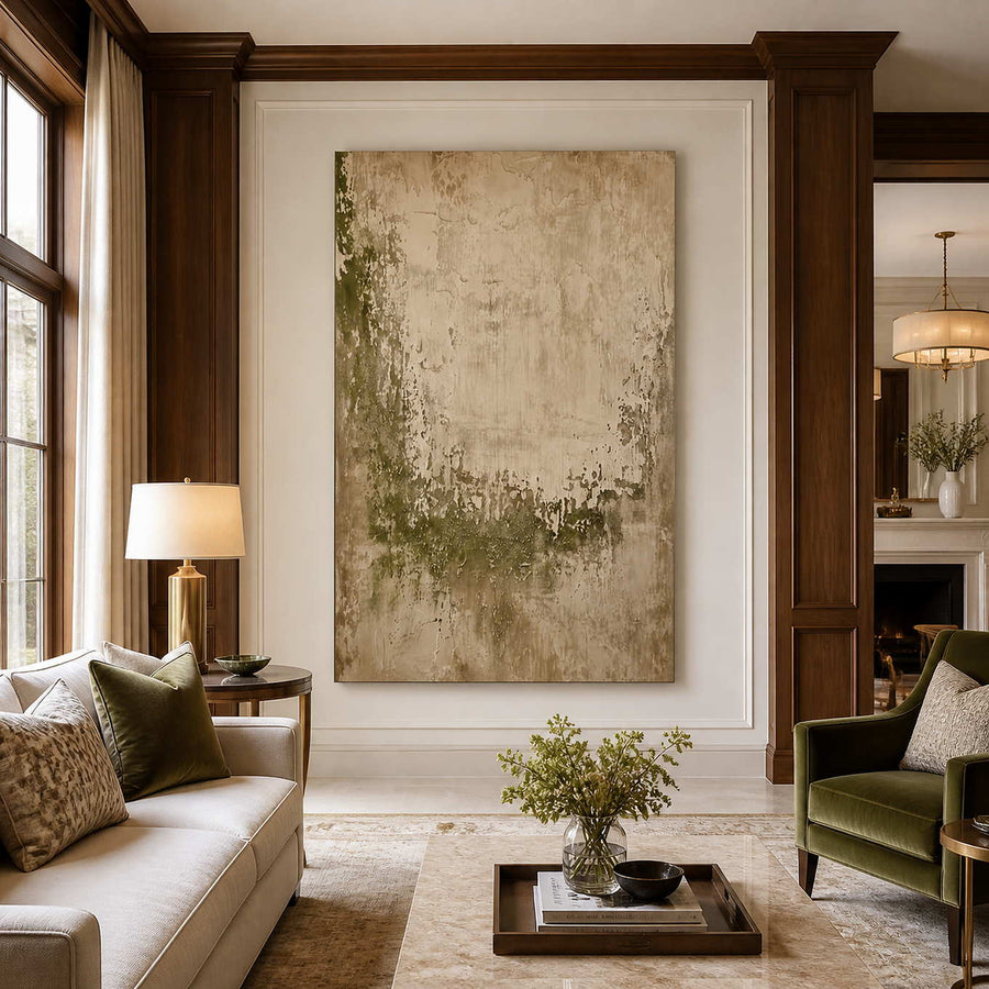 Frameless green and beige textured artwork between wood panels in a calm living room.