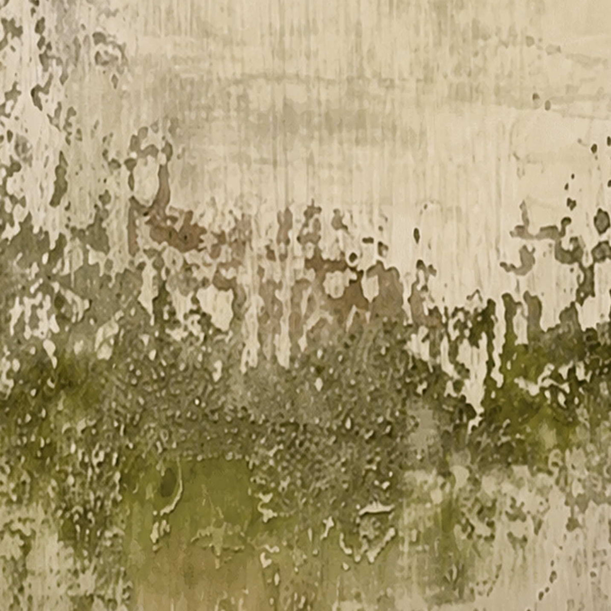 Close view of muted green underlayers emerging through irregular pale beige paint.