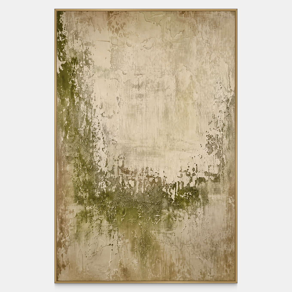 Vertical abstract painting with muted green beneath weathered beige layers and a pale center.