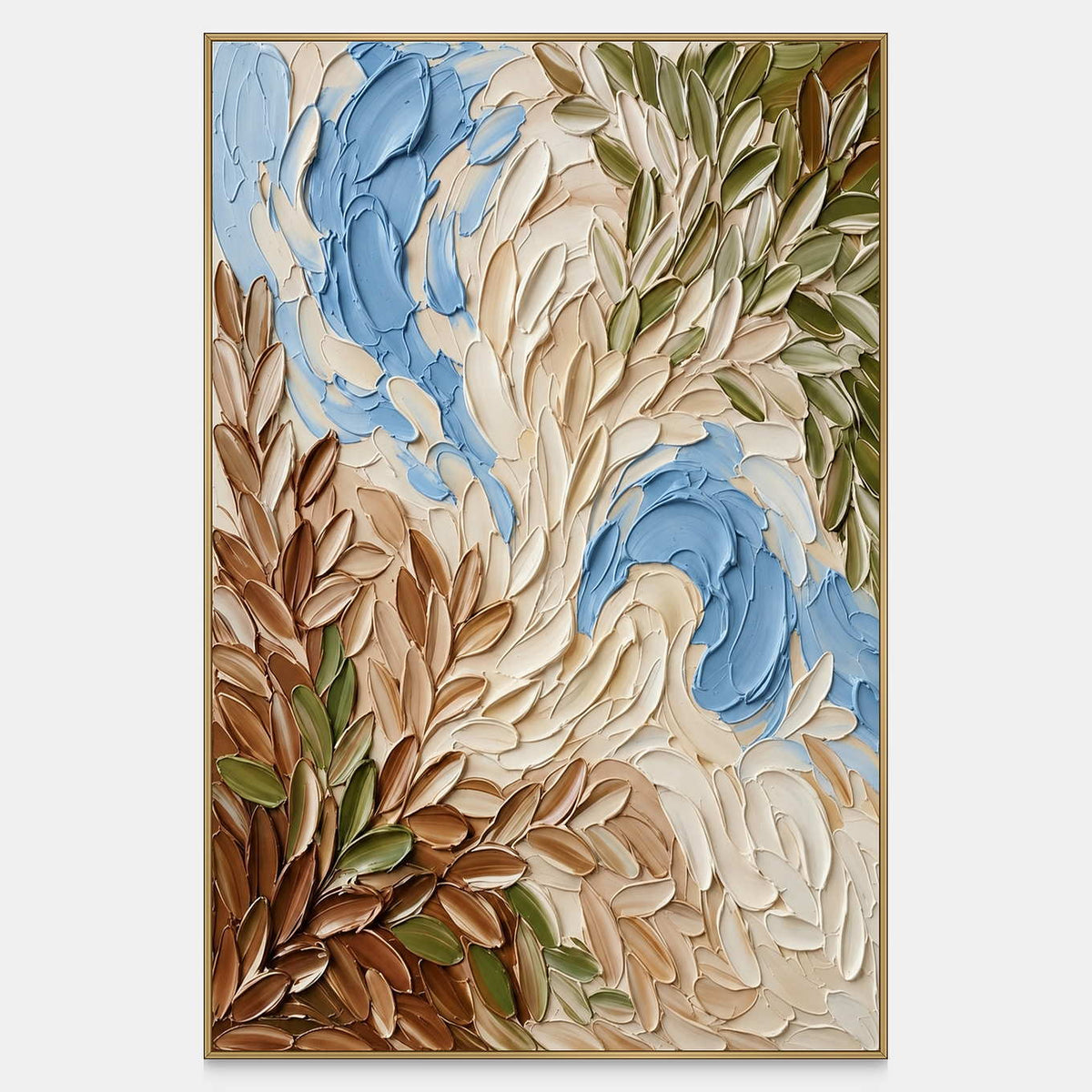 Front view of Spring Whispers, a vertical abstract painting with pale blue curls among cream, olive and brown leaflike strokes.