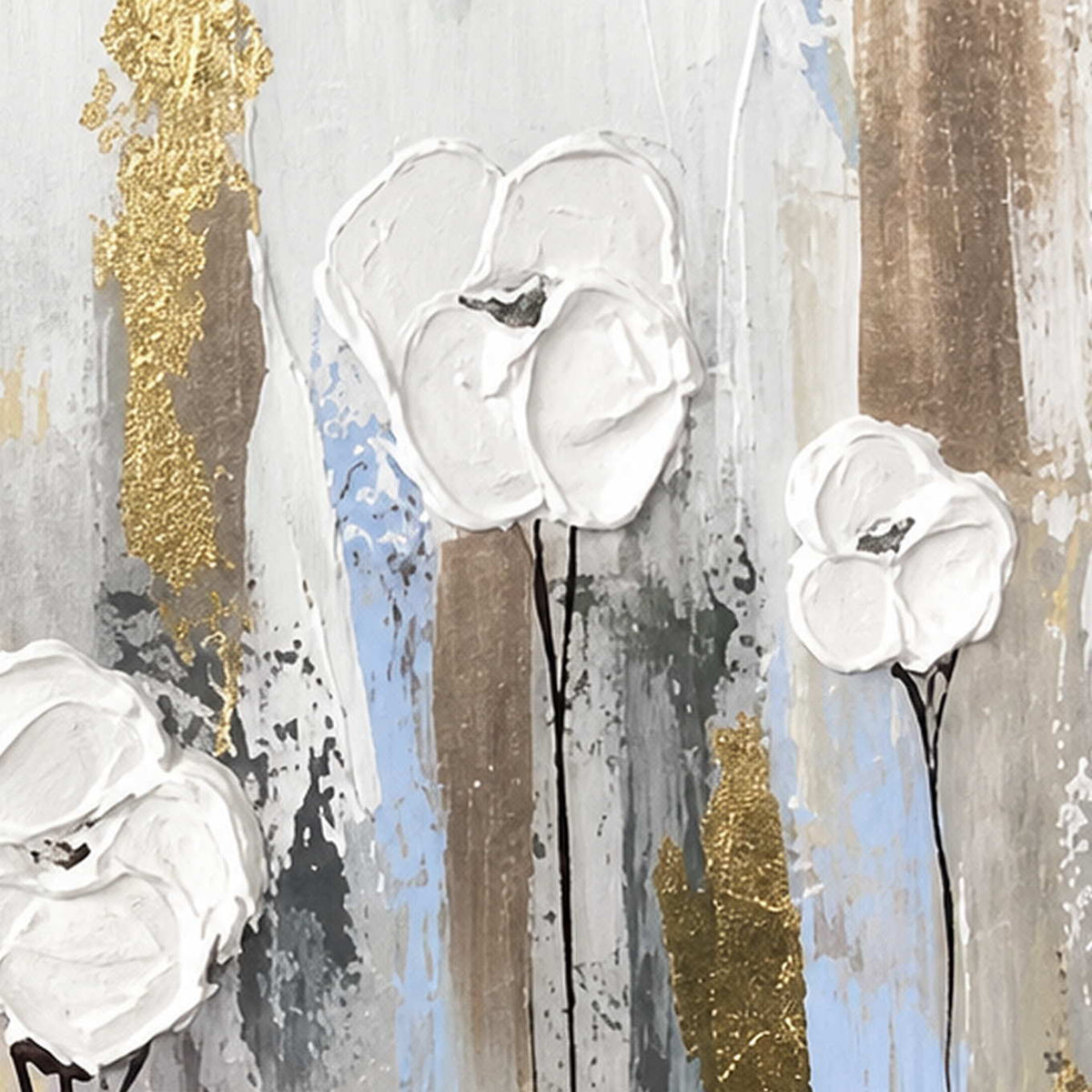 Close view of raised white petals, slender black stems, and gold textured accents.