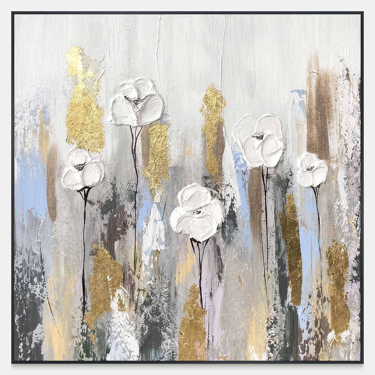 Square painting of white textured flowers on dark stems among gray, blue, and gold strokes.