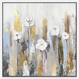 Square painting of white textured flowers on dark stems among gray, blue, and gold strokes.