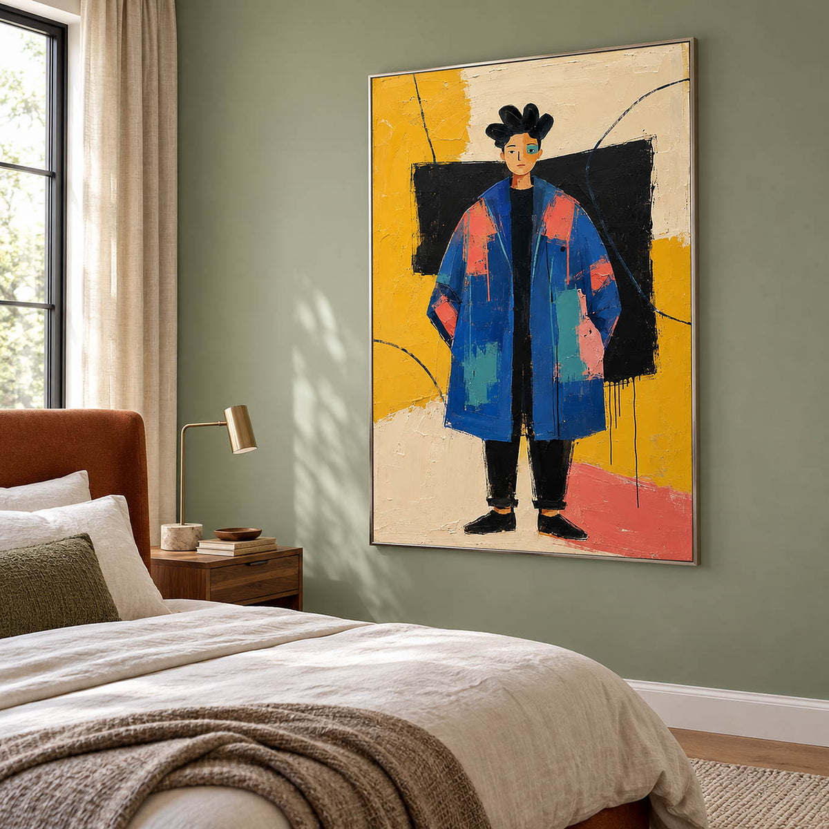 Hand-painted modern portrait of a cobalt-coated figure against coral, mustard, cream, and black, displayed in a bedroom in a silver frame.