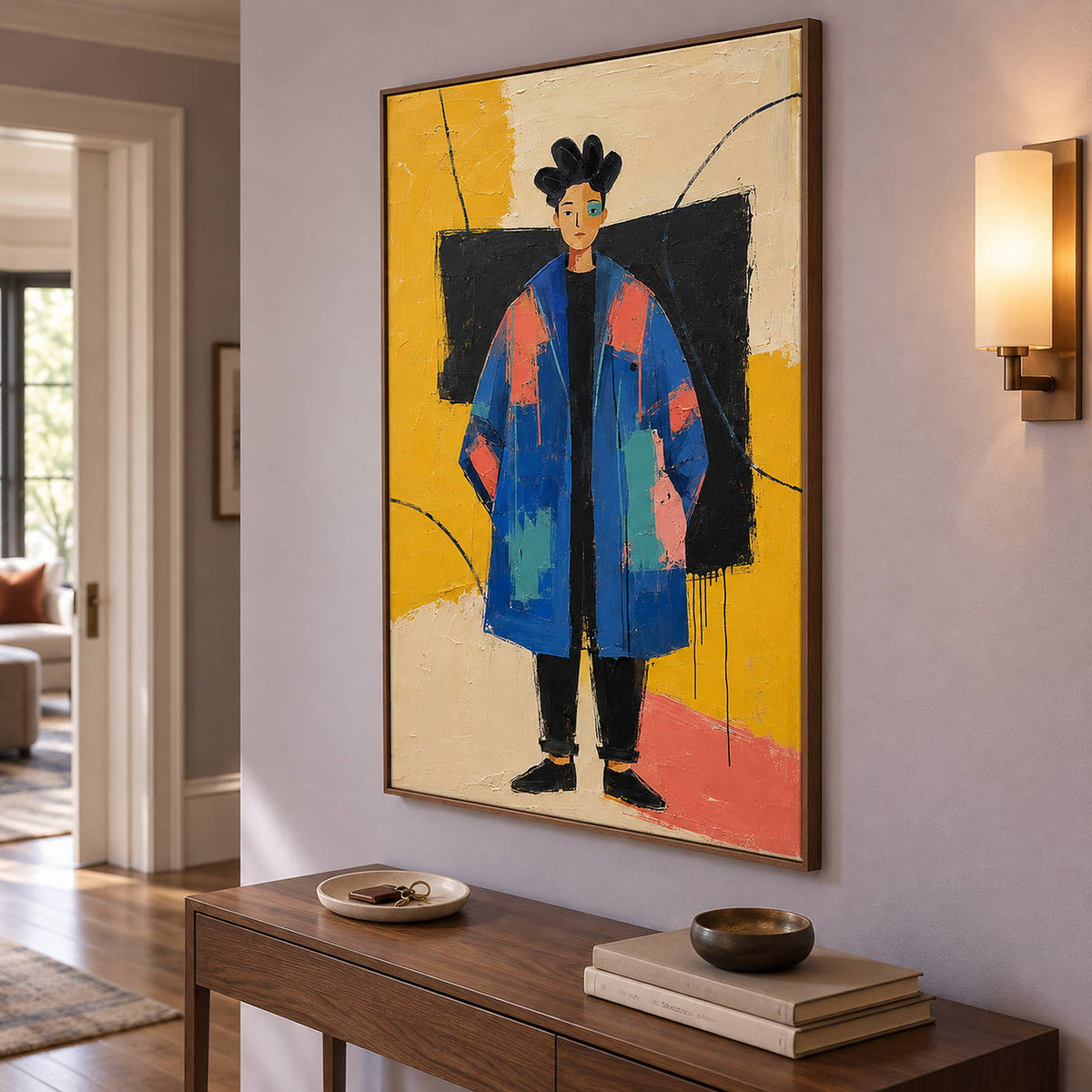 Hand-painted modern portrait of a cobalt-coated figure against coral, mustard, cream, and black, displayed in a hallway in a brown wood frame.