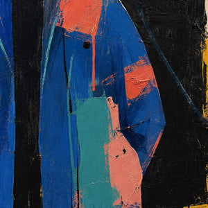 Close-up of raised cobalt, turquoise, coral, and cream brushwork across the figure’s coat.