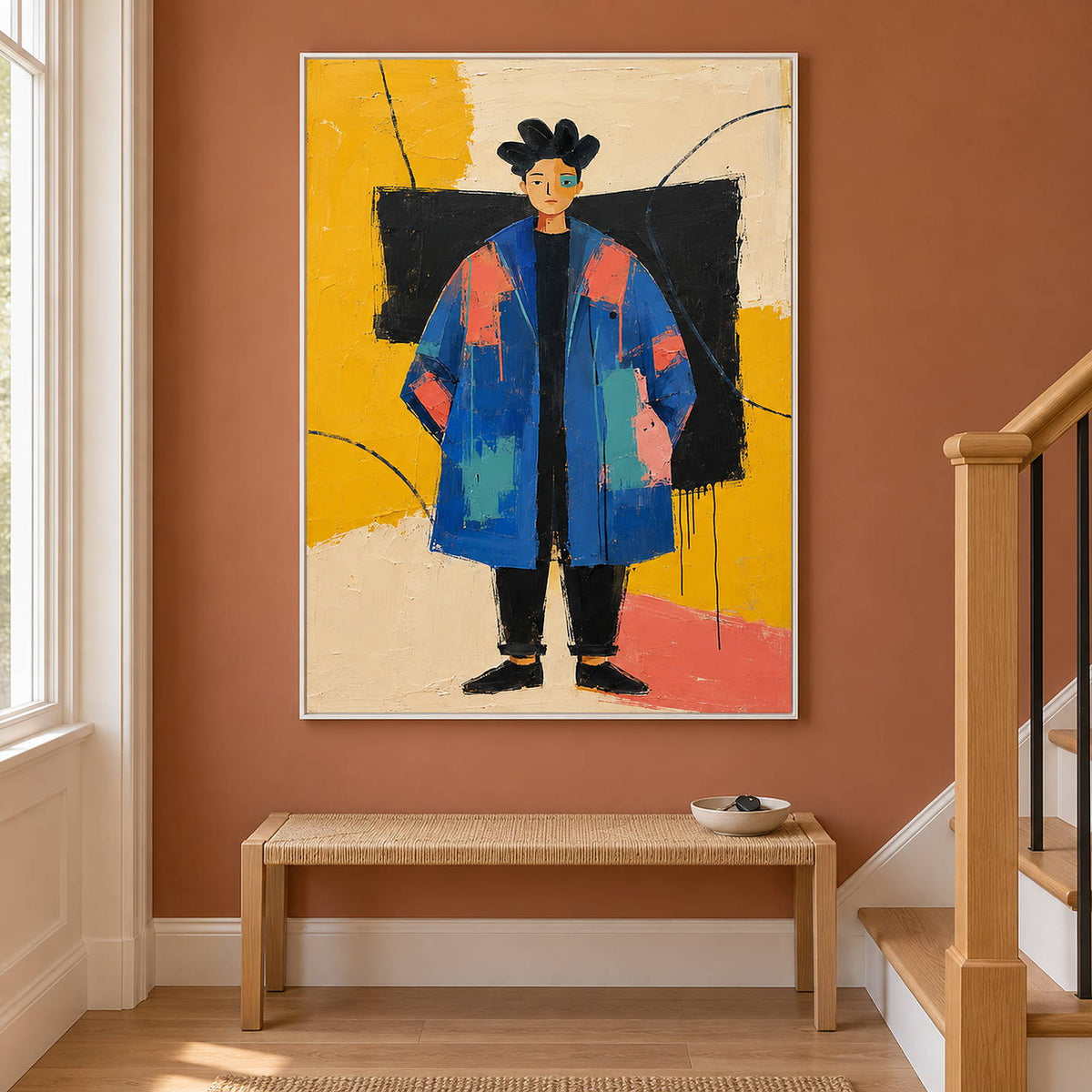 Hand-painted modern portrait of a cobalt-coated figure against coral, mustard, cream, and black, displayed beside a staircase in a white frame.