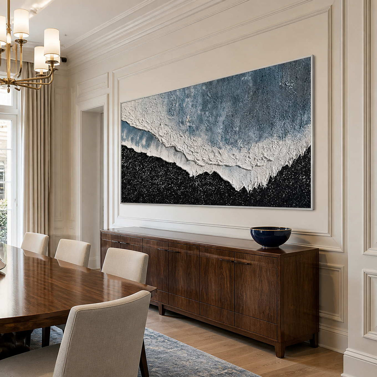 White framed shoreline abstract above a walnut sideboard in a formal dining room.