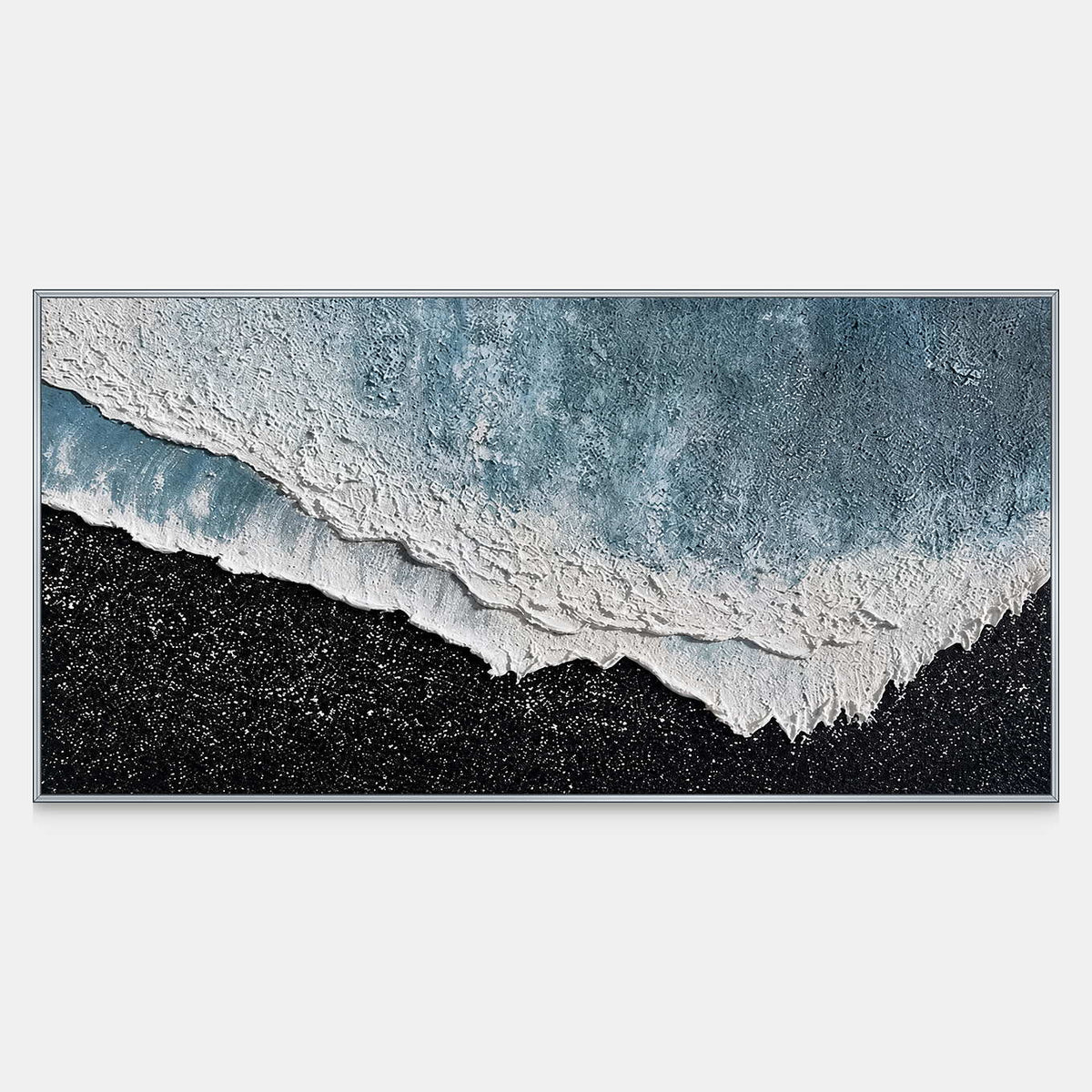 Panoramic pale blue texture meets raised white edges above a speckled black field.