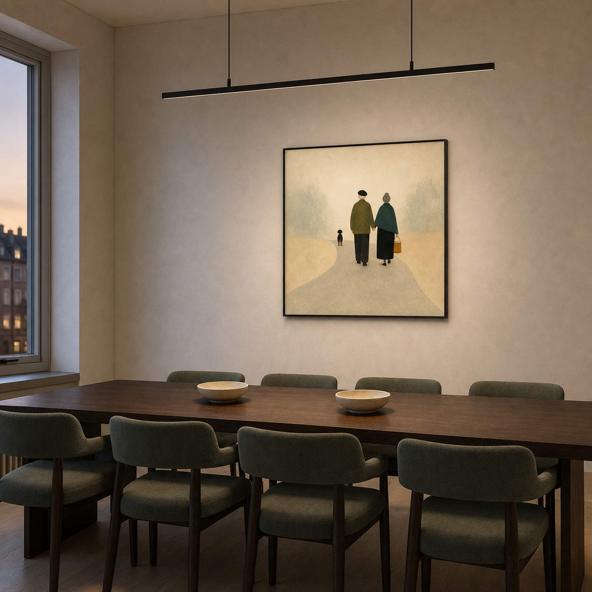 Minimalist narrative painting displayed in a Copenhagen long-table dining room.