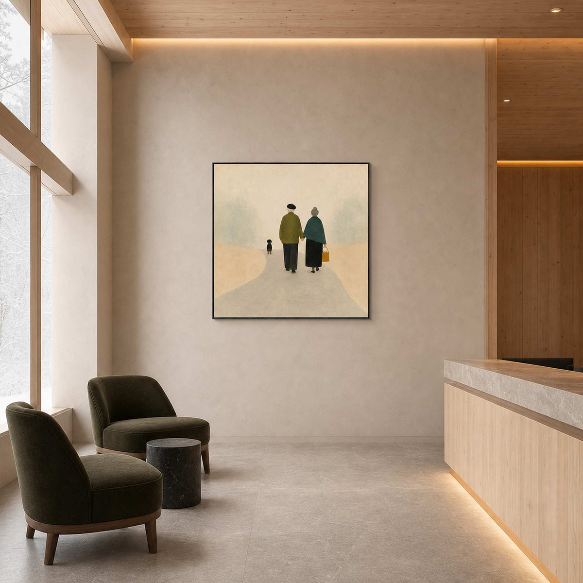 Square people painting displayed in a Hokkaido resort hotel lobby.