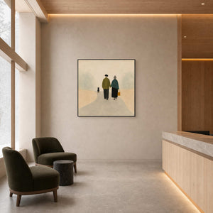 Square people painting displayed in a Hokkaido resort hotel lobby.