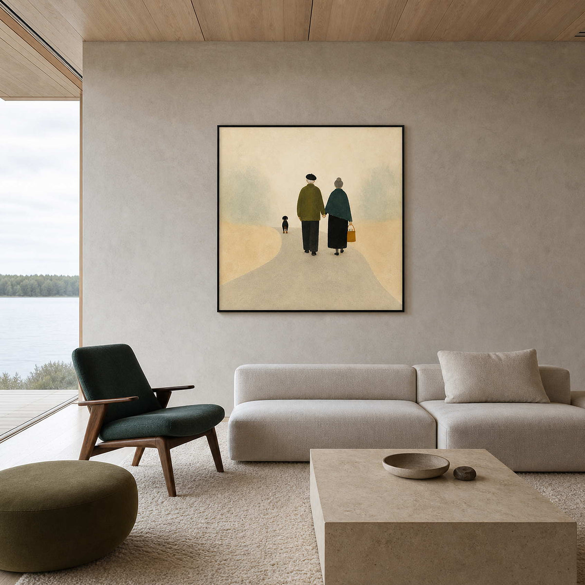 Minimalist couple wall art displayed in a Stockholm lakeside living room.