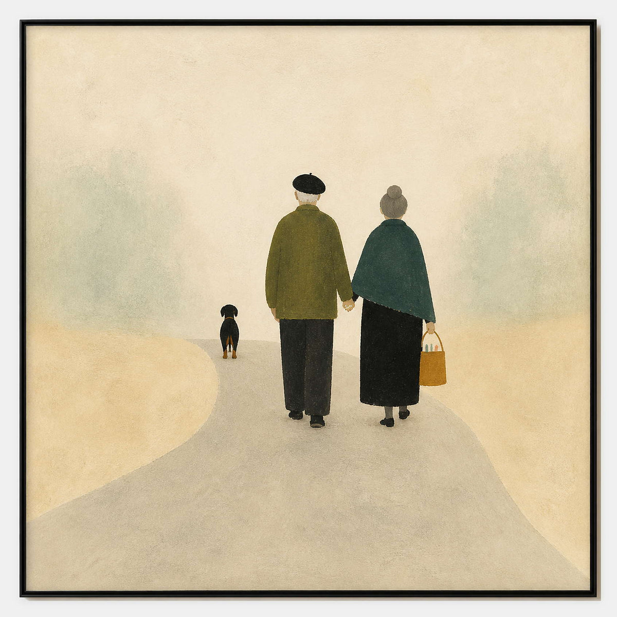Hand-painted elderly couple walking together across a soft ivory landscape.