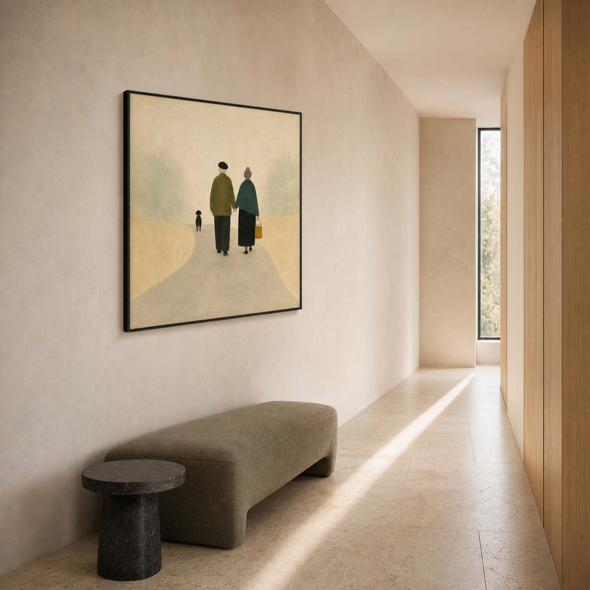 Square couple wall art displayed in a serene modern hallway.