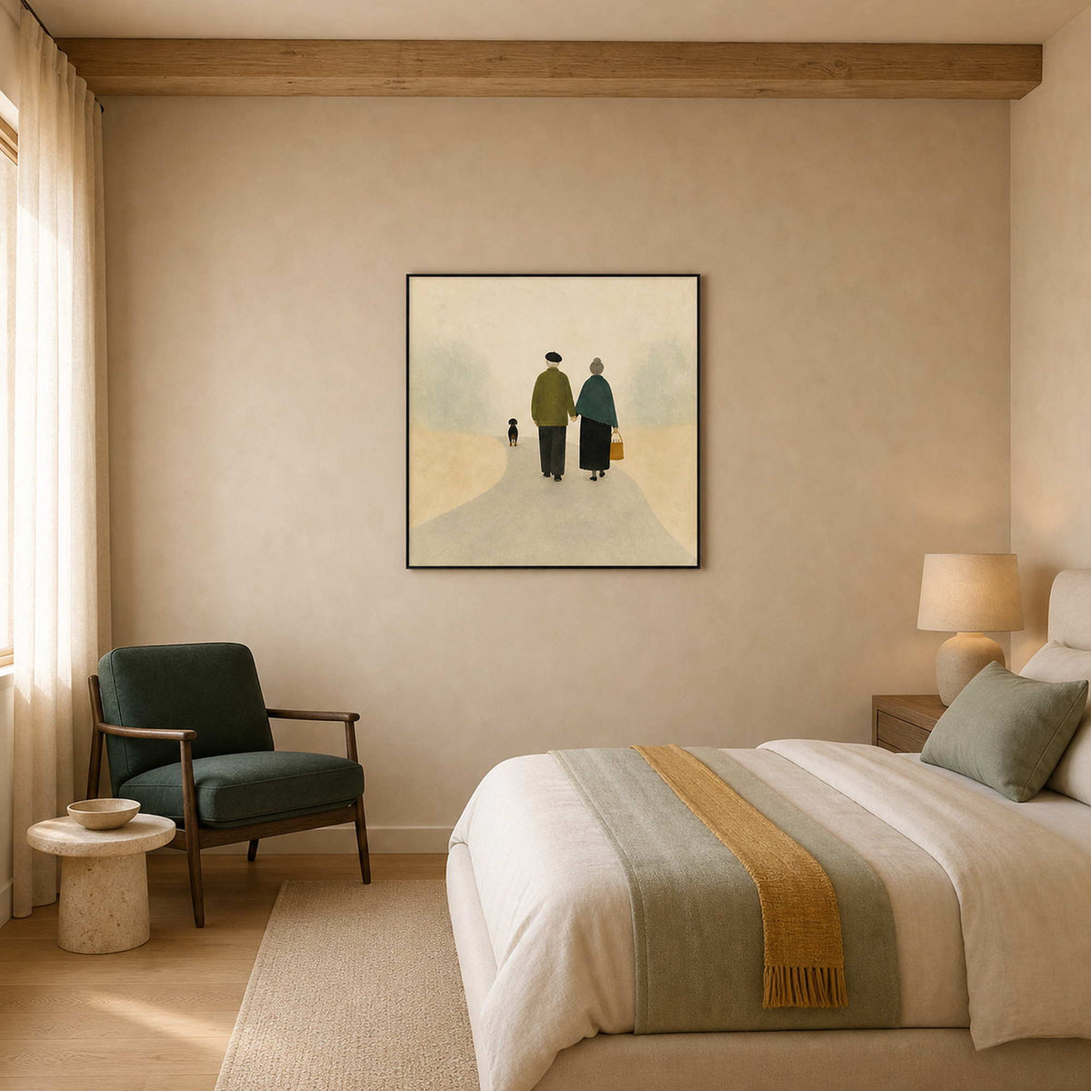Tender couple wall art styled above a Napa vineyard guest bedroom.