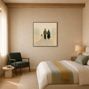 Tender couple wall art styled above a Napa vineyard guest bedroom.