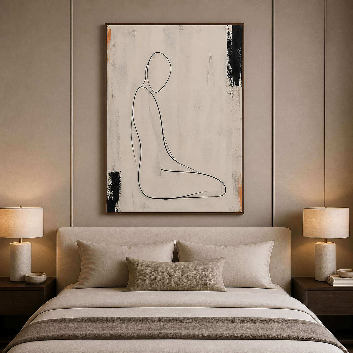 Quiet minimalist figure canvas styled above a soft neutral bed.