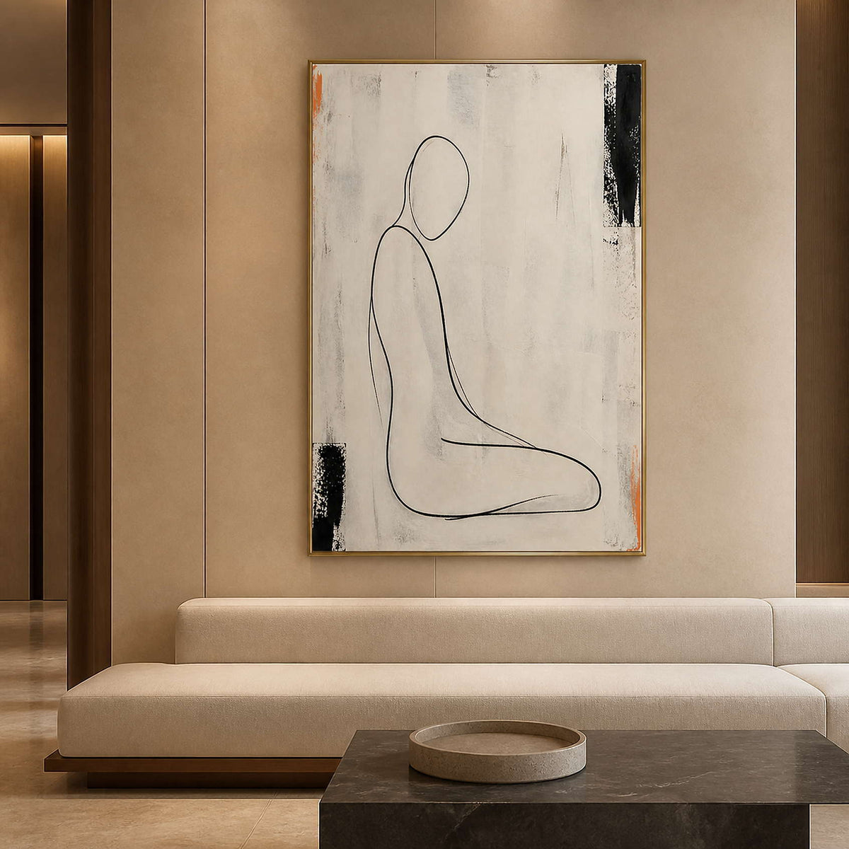 Minimalist figure canvas in a softly lit boutique hotel lounge.