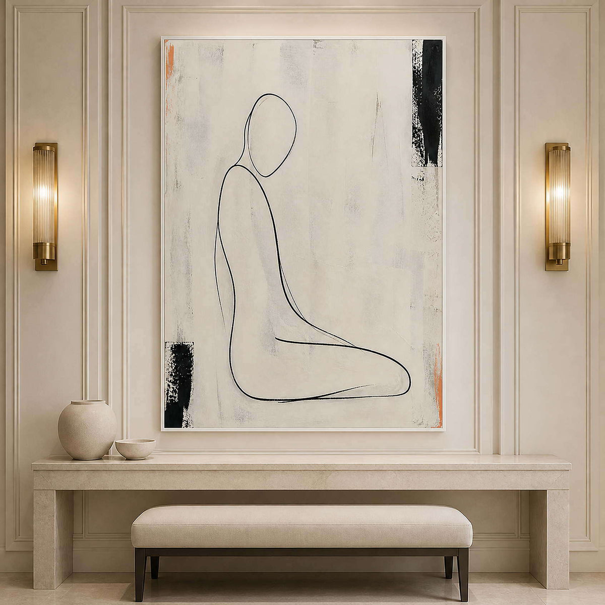 Minimal seated figure painting in an elegant hotel hallway.