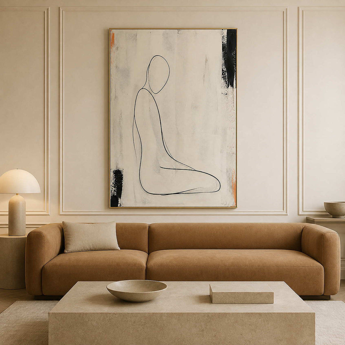 Minimalist figurative wall art in a warm neutral living room.