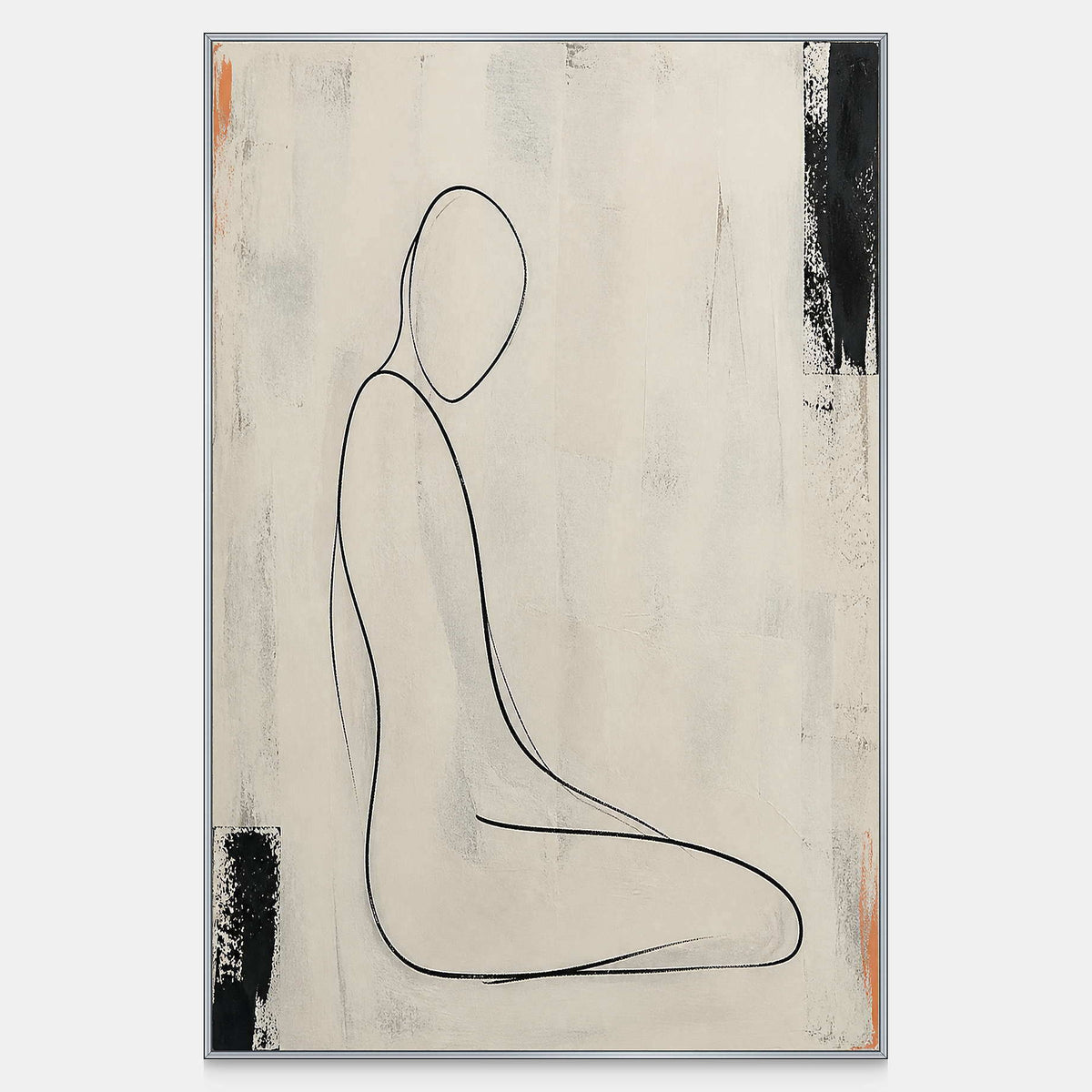 Hand-painted seated figure drawn in black on a weathered ivory canvas.