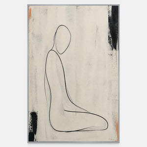 Hand-painted seated figure drawn in black on a weathered ivory canvas.