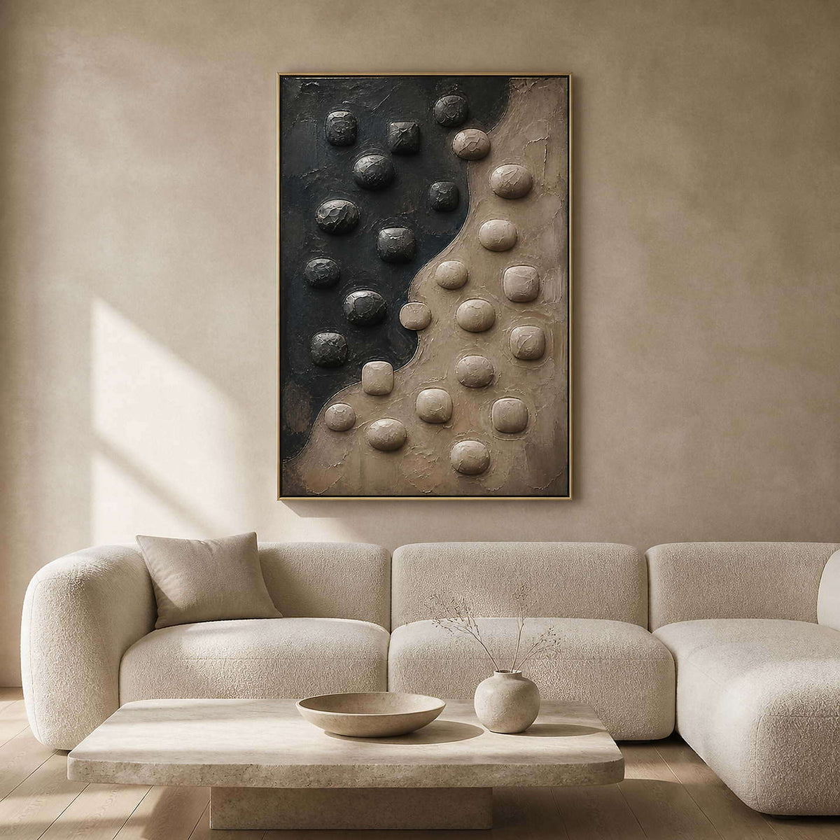 Earth-toned textured abstract wall art in a warm modern living room.