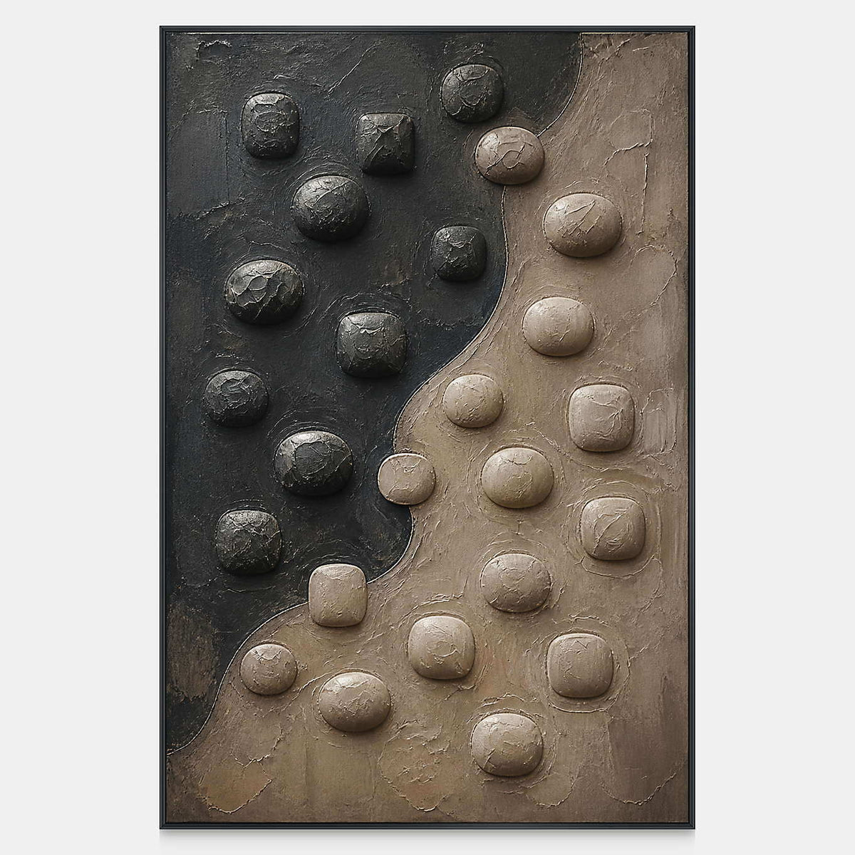 Hand-painted vertical relief with charcoal, taupe, and rounded stone forms.