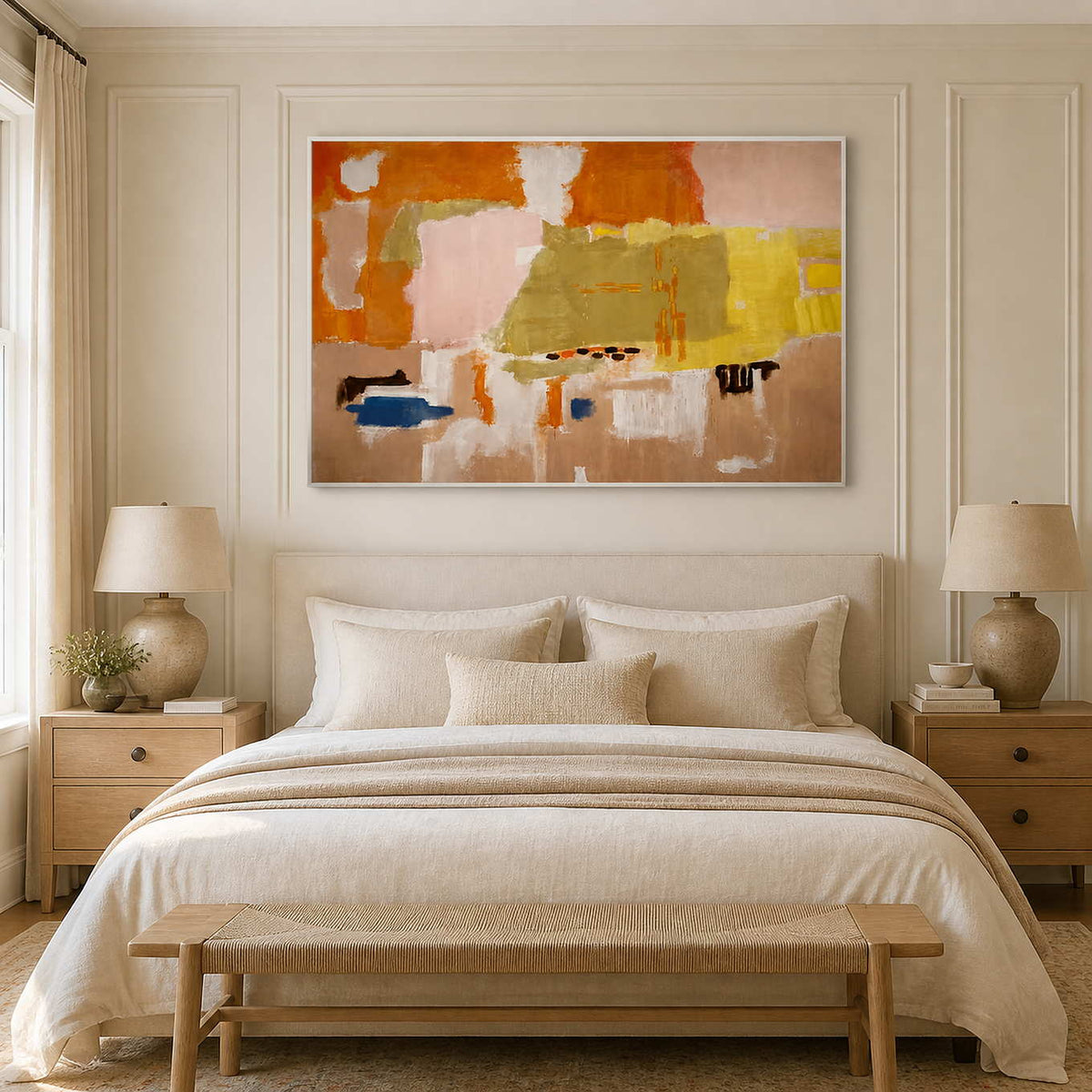 White framed orange and blush abstract artwork above a cream upholstered bed.