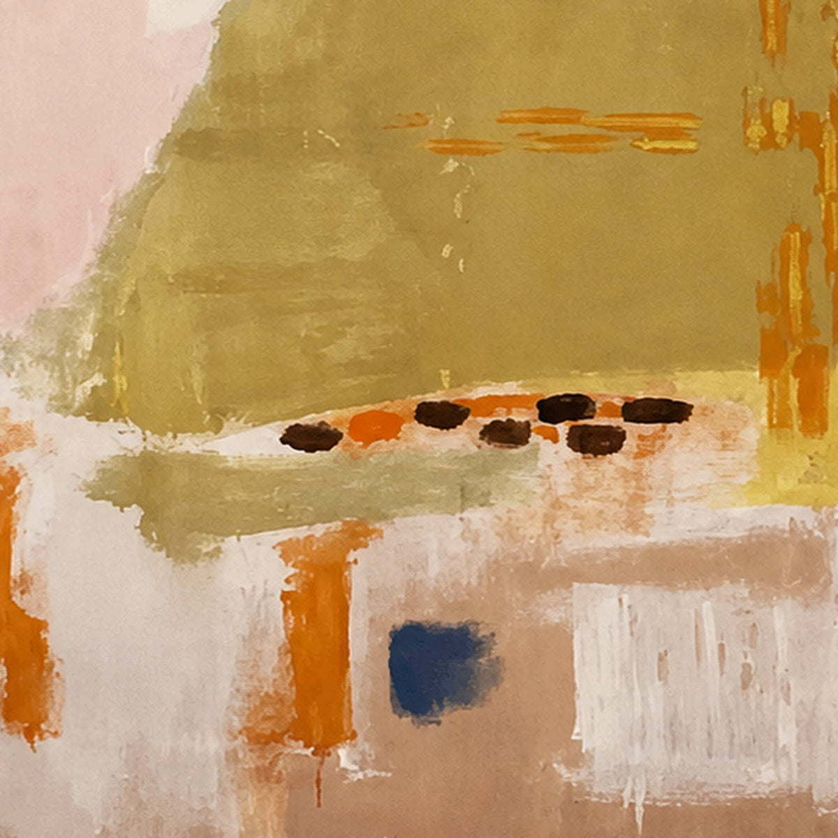 Close view of muted yellow-green brushwork, small dark marks, and orange paint accents.