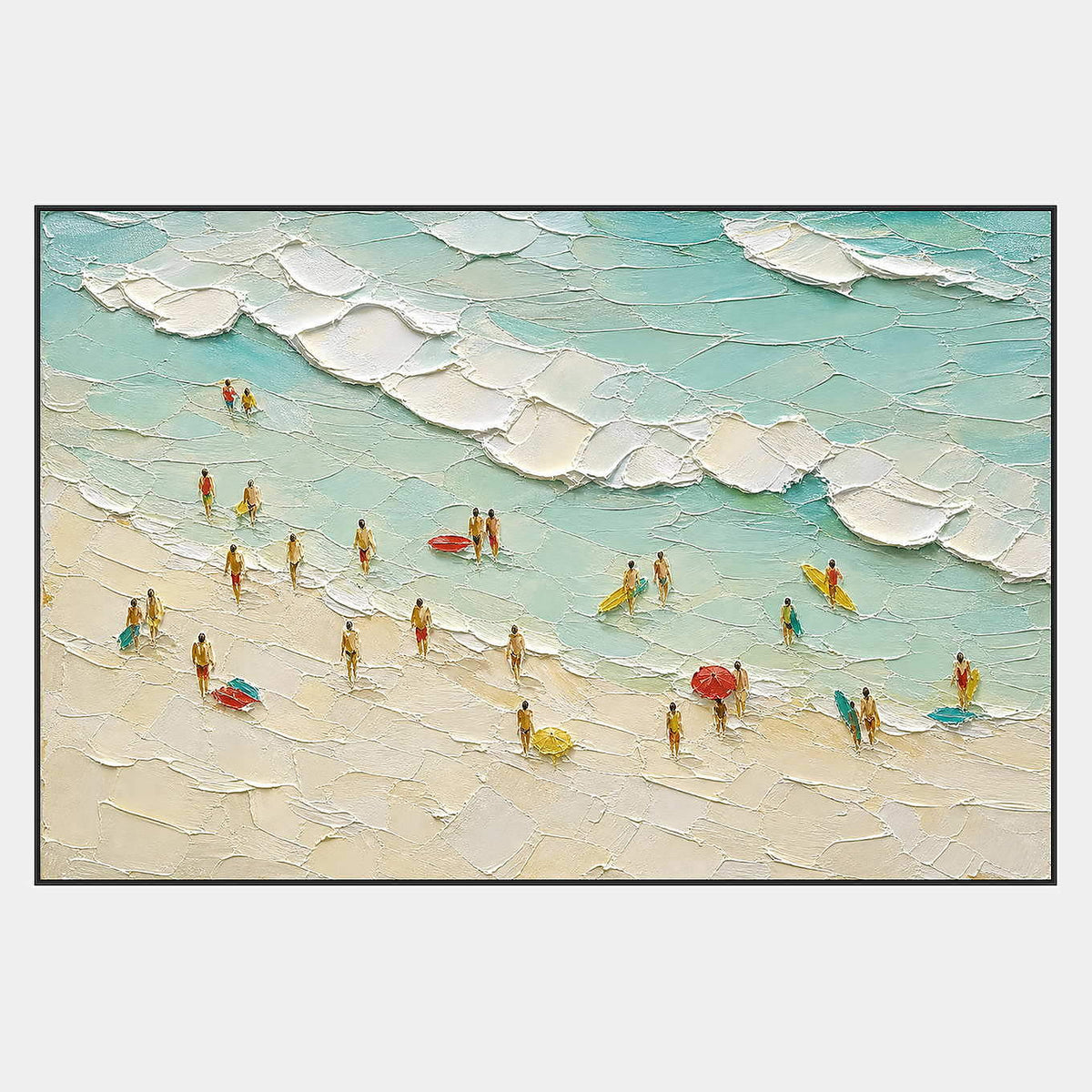 Hand-painted aerial beach artwork with sea-glass waves, white foam, people, and umbrellas.