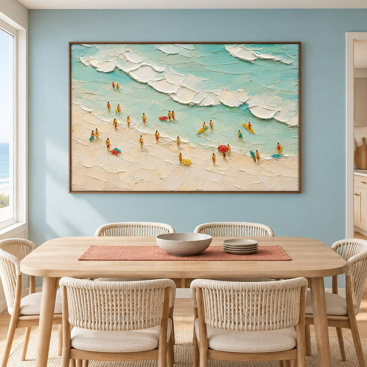 Textured beach painting with sea-glass waves and small beachgoers in a brown wood frame in a dining room.