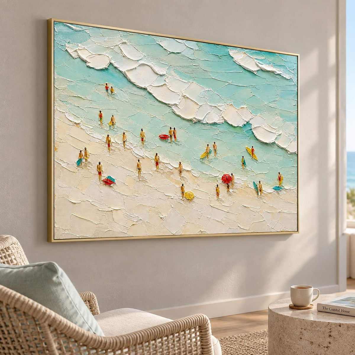 Textured beach painting with sea-glass waves and small beachgoers in a gold frame in a lounge.