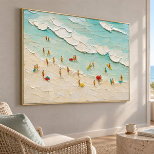 Textured beach painting with sea-glass waves and small beachgoers in a gold frame in a lounge.