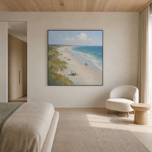 Turquoise coastal artwork displayed in a warm white oak bedroom.
