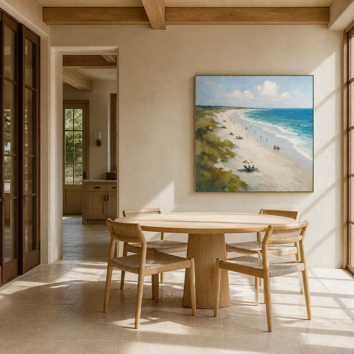 Summer shoreline painting displayed in a sunlit oak breakfast room.