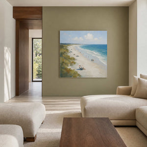 Turquoise beach artwork displayed in a sage-green walnut family room.