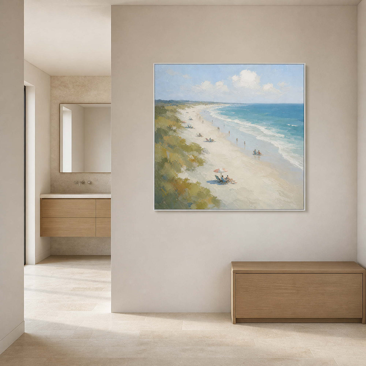 Soft beach landscape displayed in a warm ivory stone bathroom area.