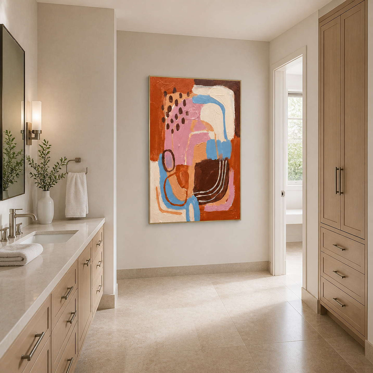 Warm abstract painting beside a bathroom vanity and tall wooden linen cabinets.