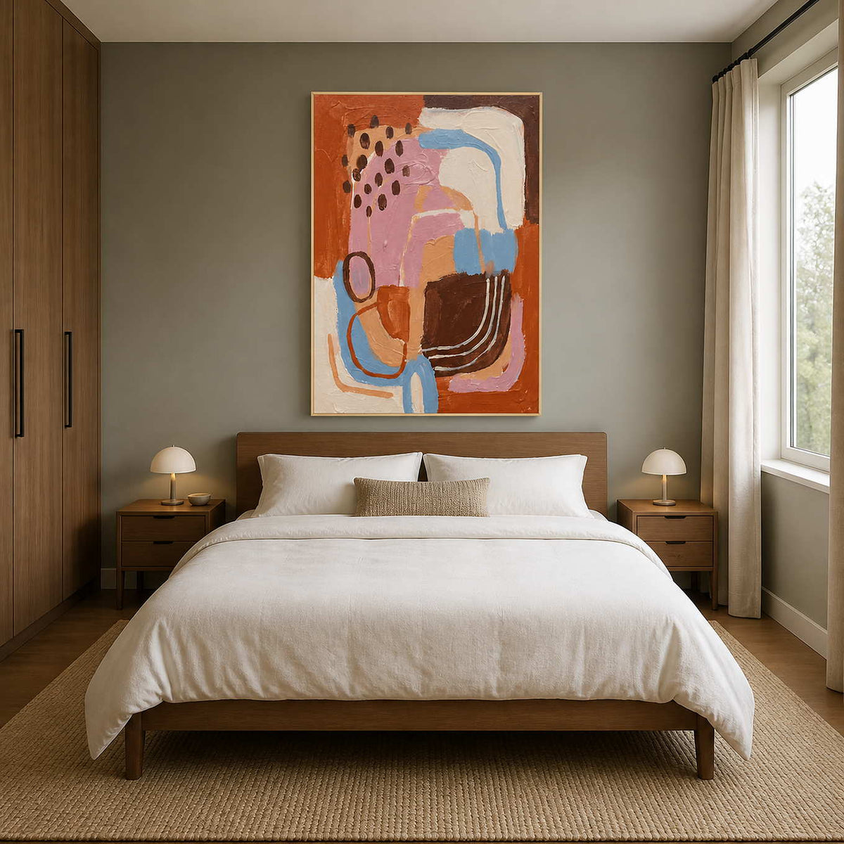 Playful rust and pink abstraction above a wooden bed with white bedding.