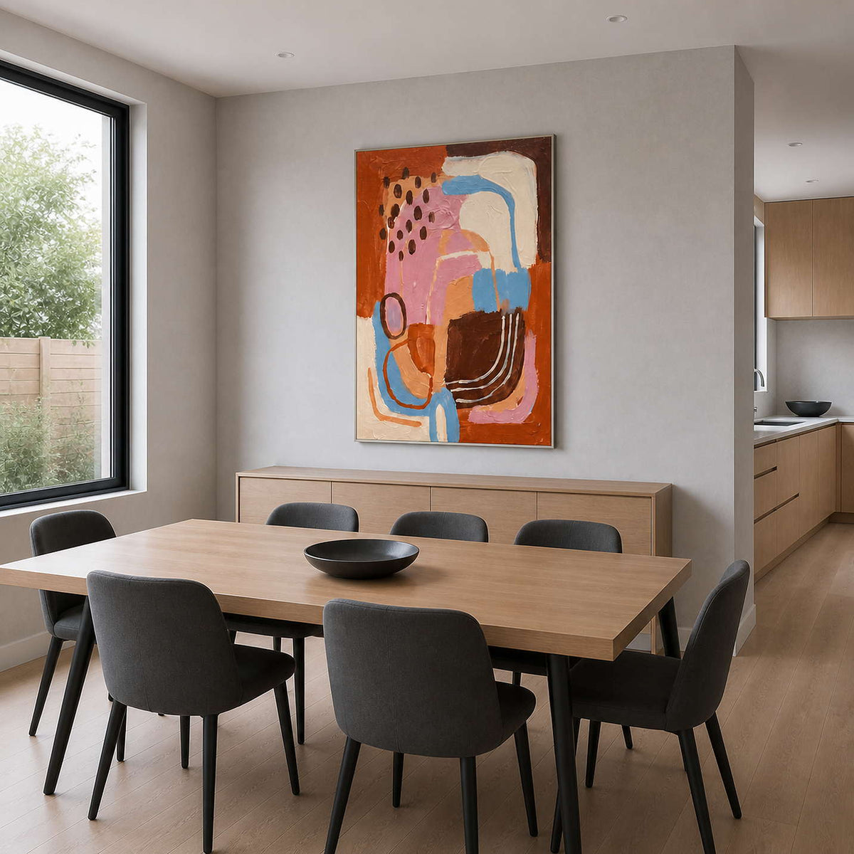 Colorful abstract artwork above a wooden dining table with dark upholstered chairs.