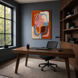 Gold framed colorful artwork above a walnut desk against a dark office wall.