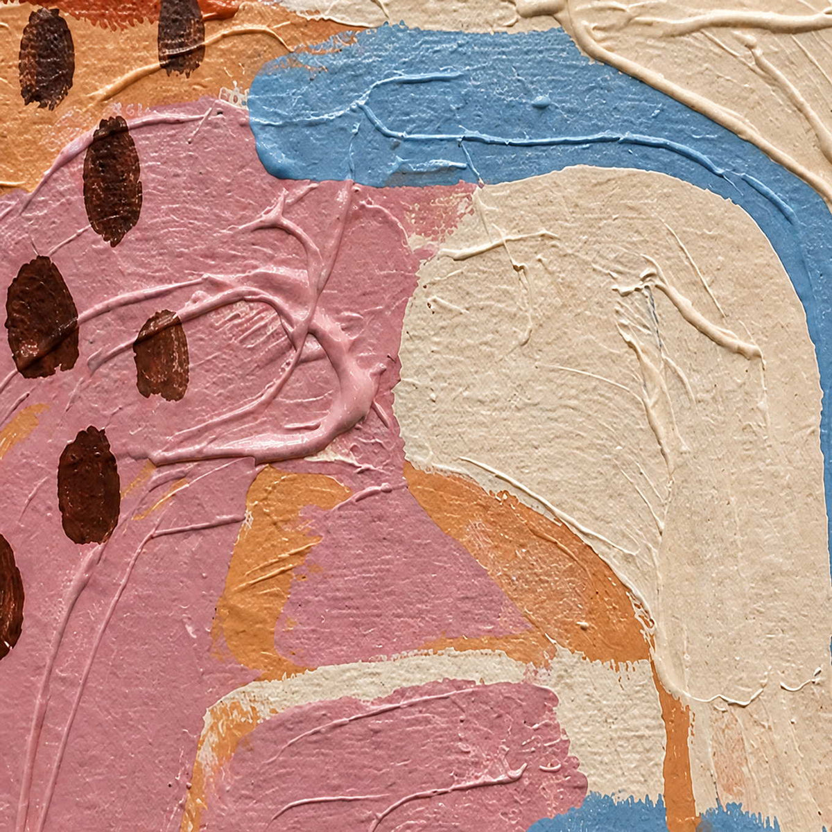 Close view of raised pink and cream brushwork crossing a soft blue curve.
