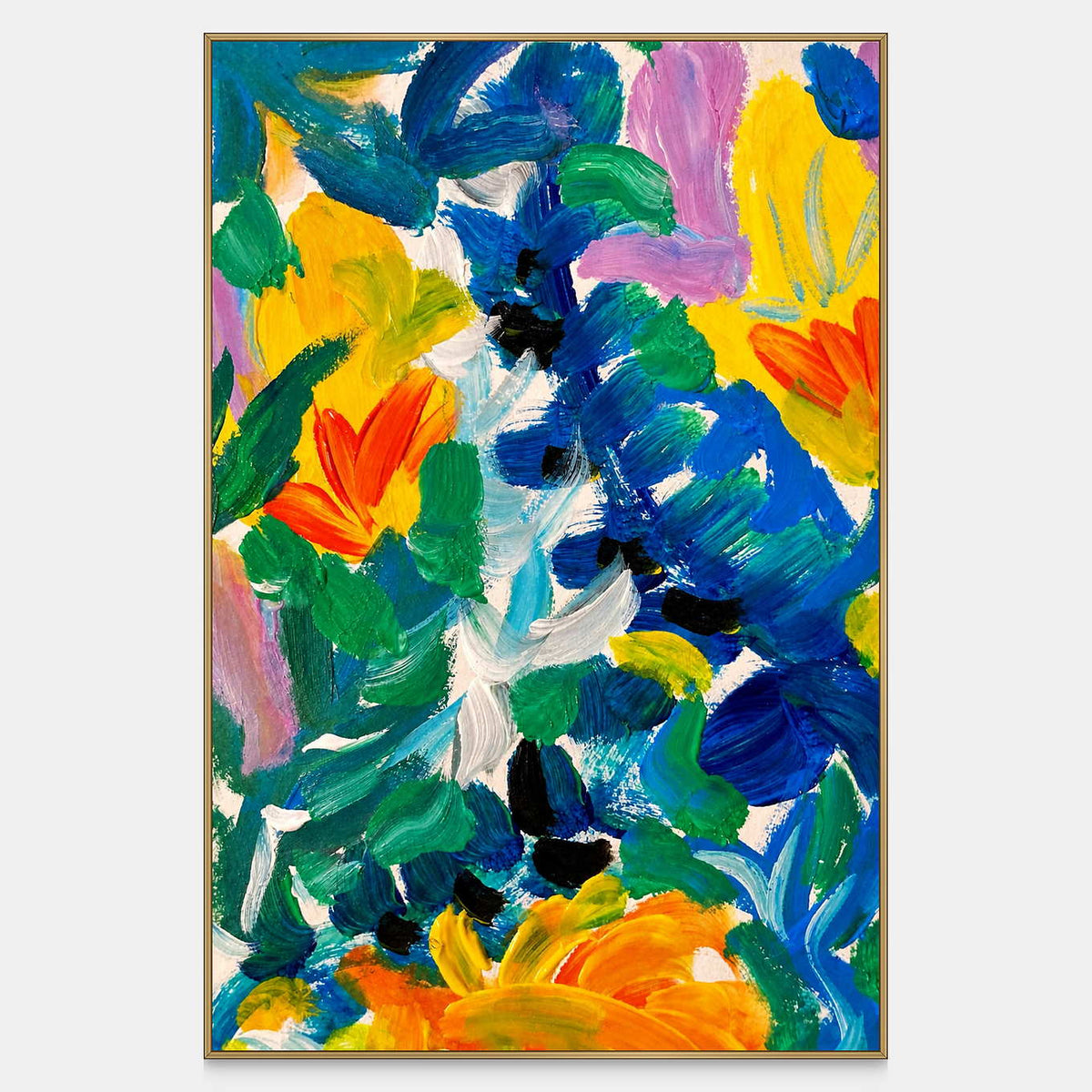 Vertical floral artwork combines orange and yellow blooms with sweeping blue-green foliage and pink accents.