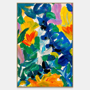 Vertical floral artwork combines orange and yellow blooms with sweeping blue-green foliage and pink accents.